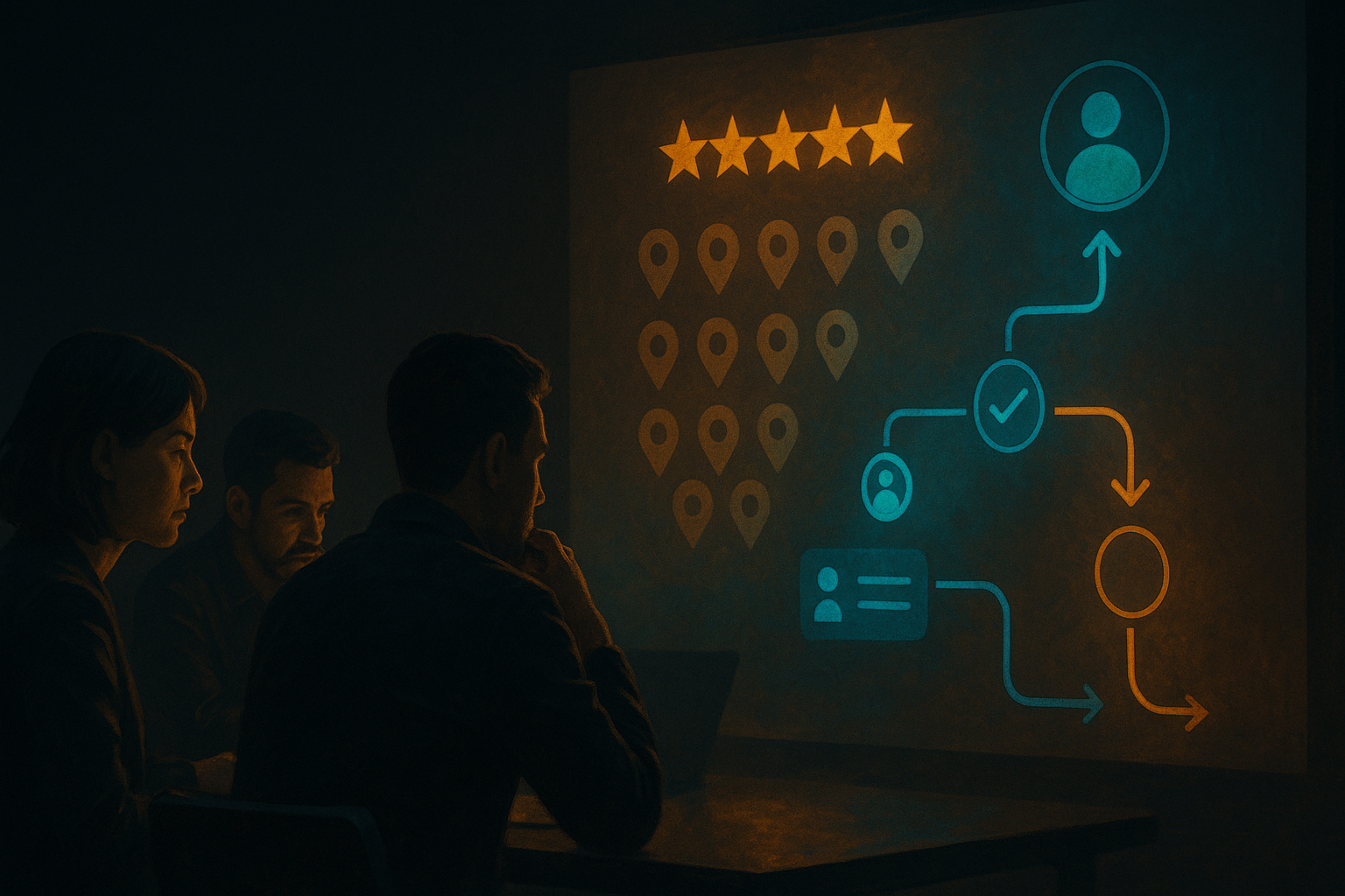 Editorial illustration of a marketplace product team evaluating review and social proof signals in a trust-sensitive flow