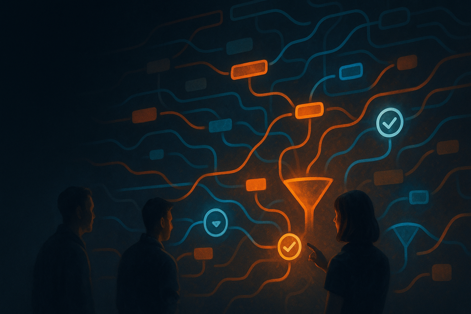 Editorial illustration of a marketplace product team studying search and filter feedback signals in a discovery flow