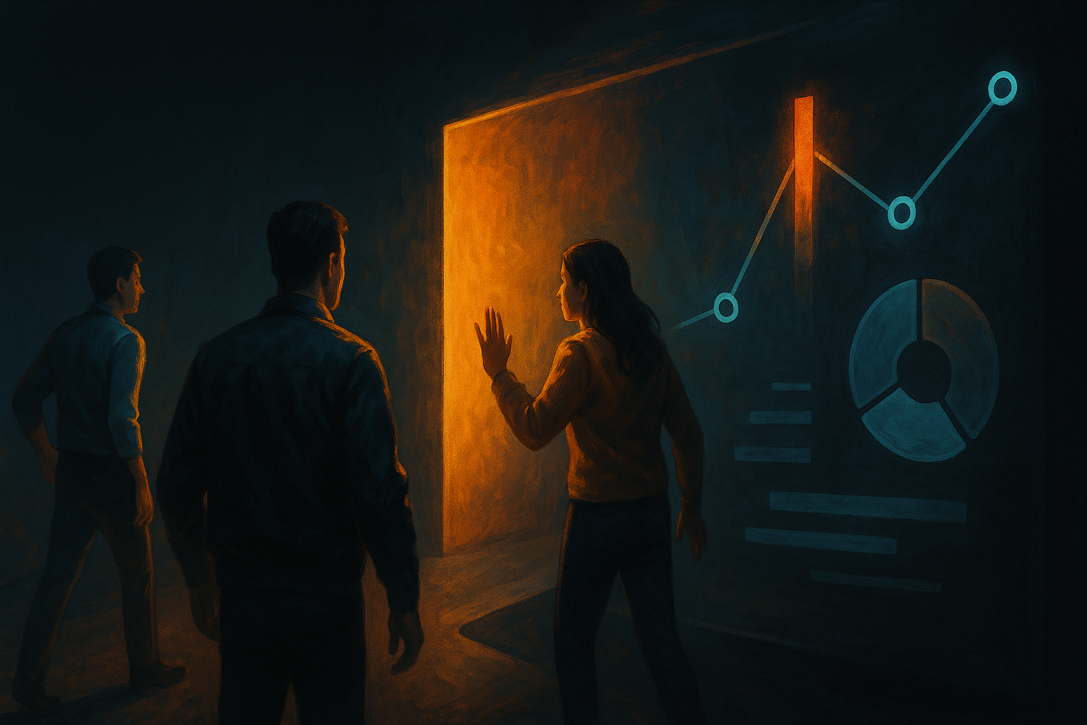 Editorial illustration of a product team investigating analytics signals for How to Collect Targeted User Feedback with Monolytics Surveys