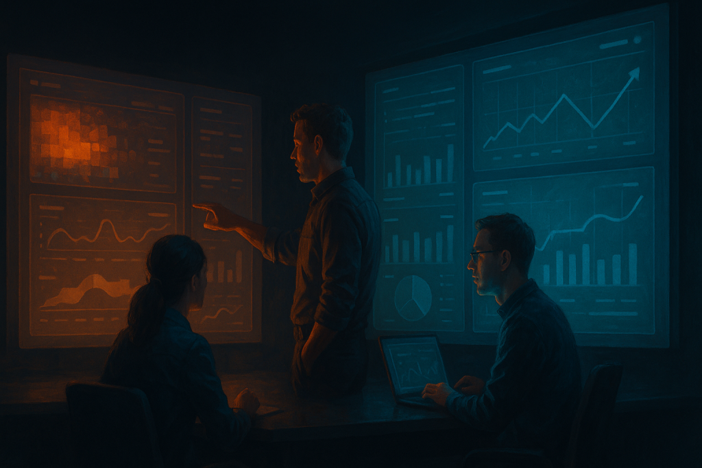 Editorial illustration of a team comparing analytics tools for Hotjar Alternative: When to Consider Monolytics