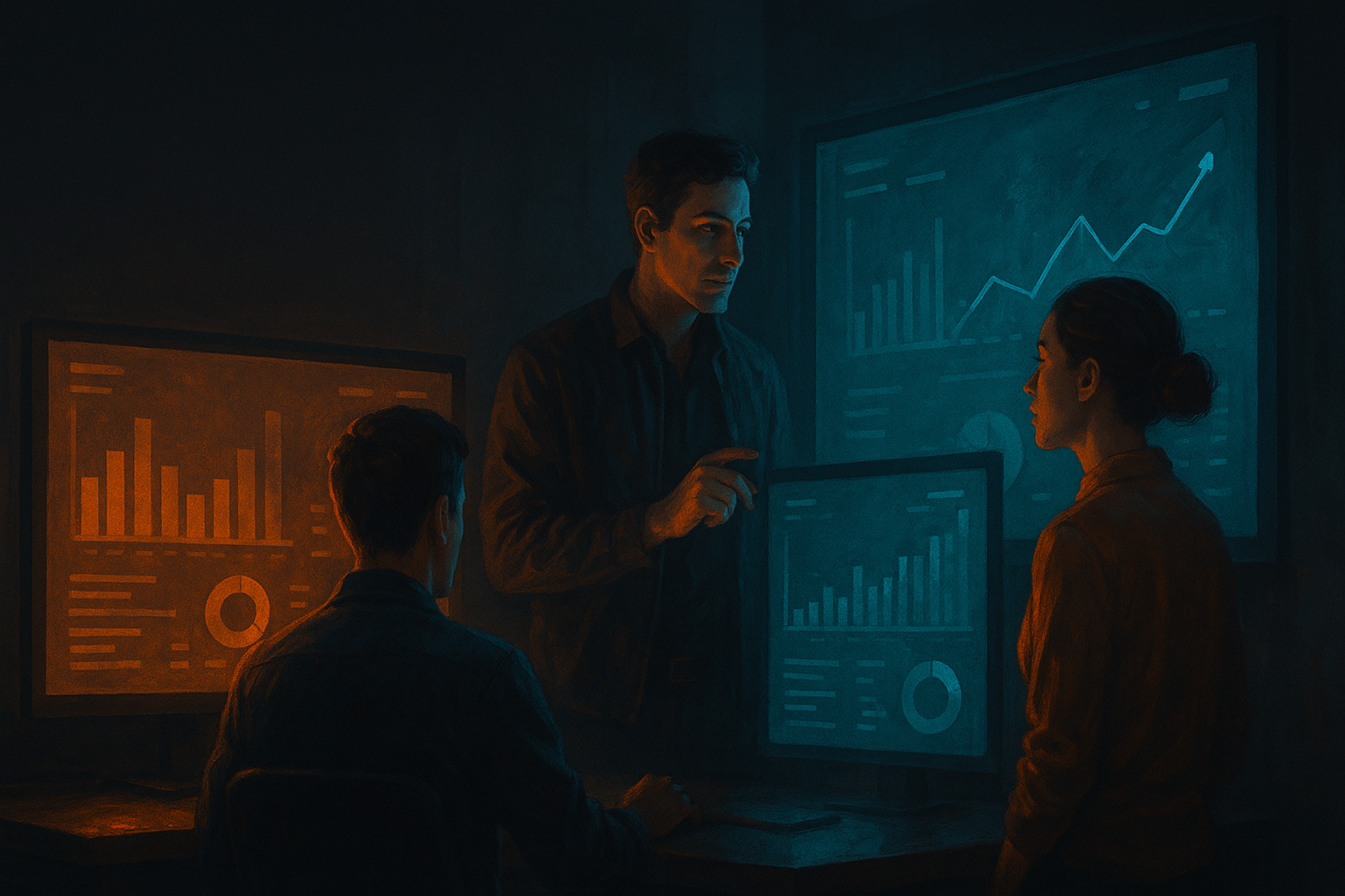 Editorial illustration of a team comparing analytics tools for FullStory Alternative for Growing SaaS Teams