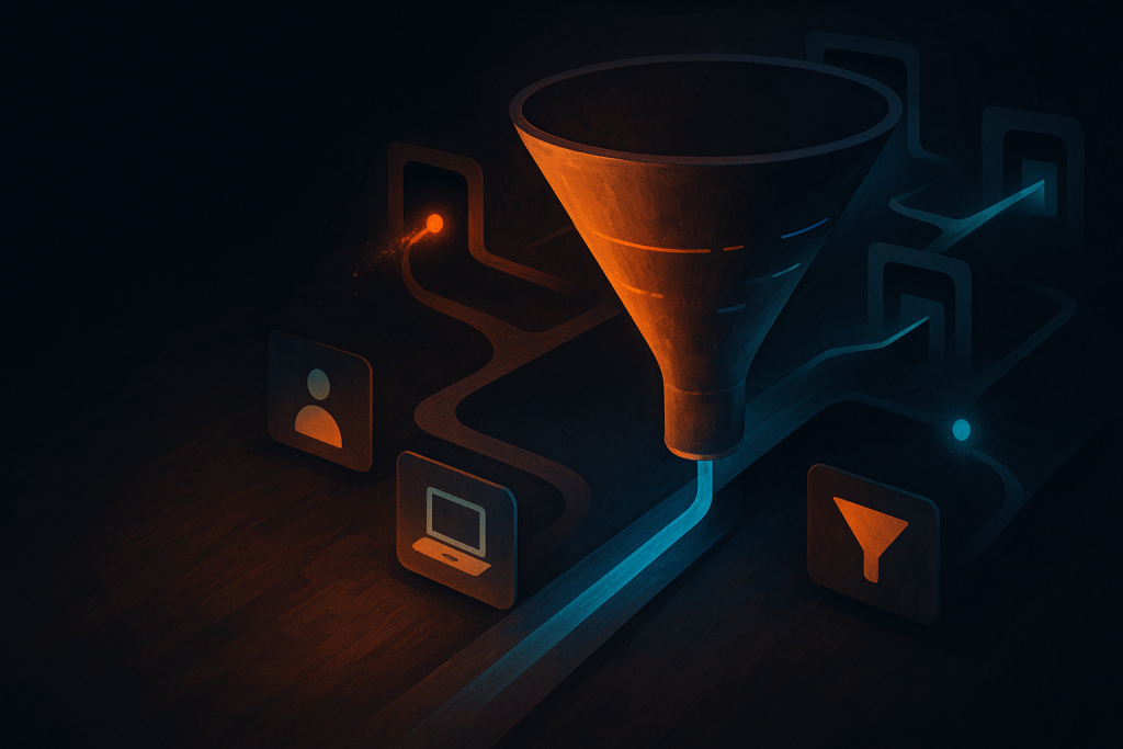 Editorial illustration of a product team investigating analytics signals for How to Audit Demo Request Funnels With Session Replay
