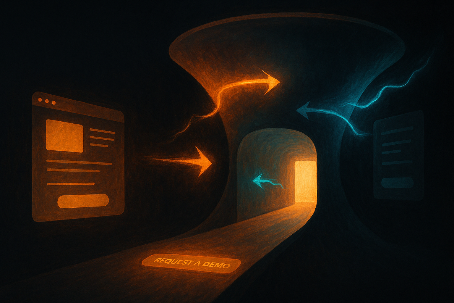 Editorial illustration of analysts tracing a funnel leak for How to Find Funnel Leaks Between Landing Page and Demo Request