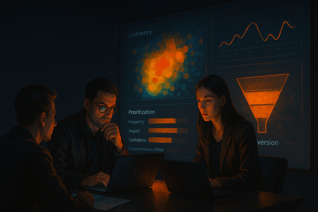 Editorial illustration of a product team investigating analytics signals for How to Turn Feedback Into Conversion Experiments