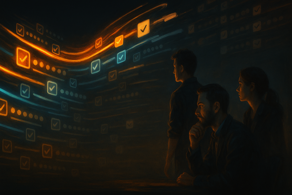 Editorial illustration of a product team detecting survey fatigue from repeated prompts